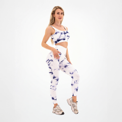 Leggings sans couture Tie Dye pour femmes, blanc-bleu